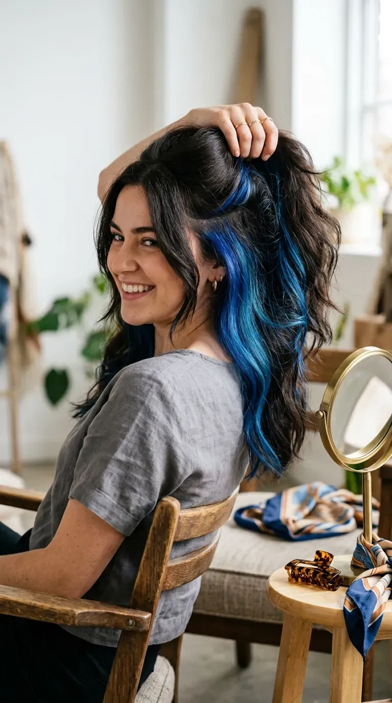 Woman with dark brunette hair lifted to reveal hidden blue balayage underlights
