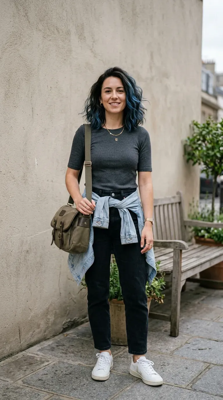 Woman with wavy dark brunette lob haircut and blue balayage highlights standing outdoors