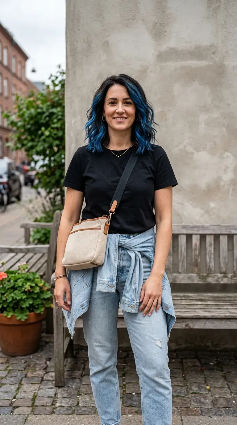 Woman with wavy dark brunette lob haircut and blue balayage highlights standing outdoors