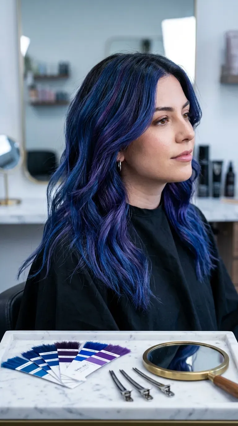 Close-up of blended blue and purple duo-tone balayage strands in dark brunette hair
