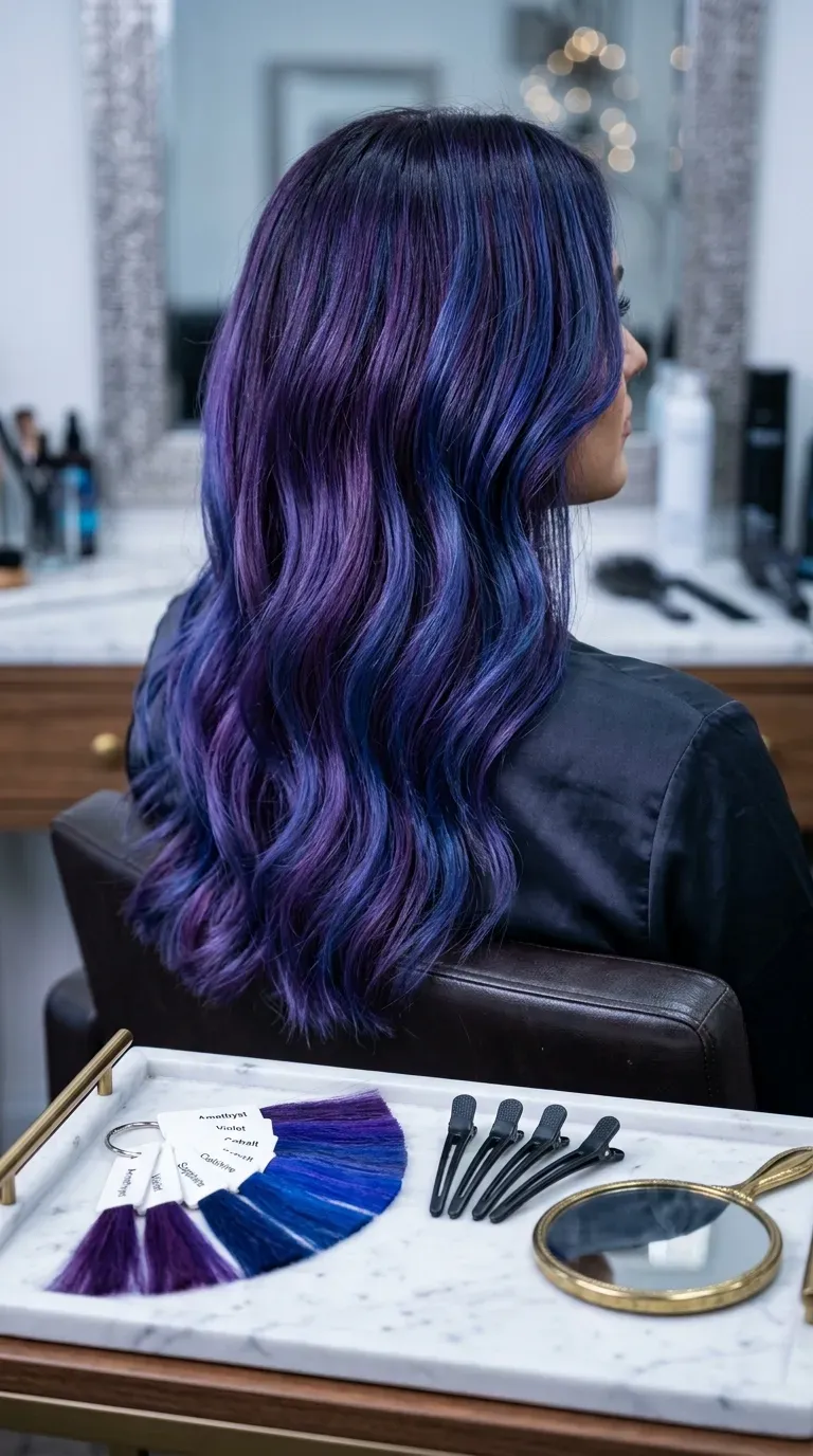 Close-up of blended blue and purple duo-tone balayage strands in dark brunette hair