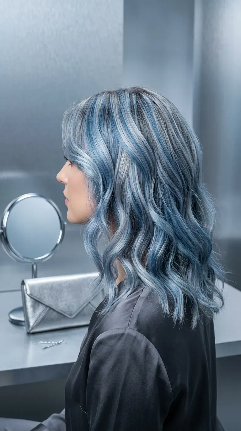 Close-up of blended blue and silver balayage highlights in dark brunette hair