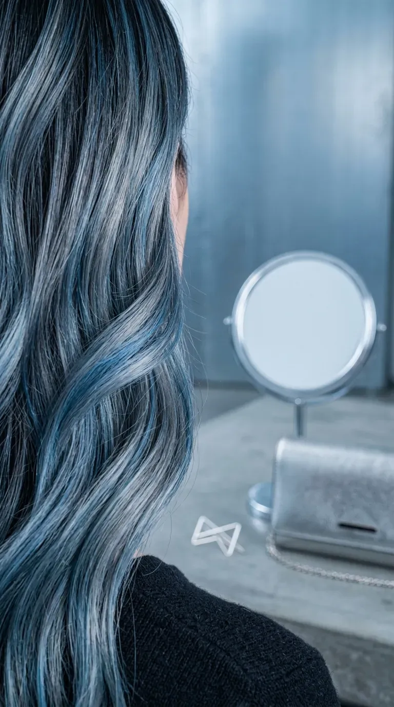 Close-up of blended blue and silver balayage highlights in dark brunette hair