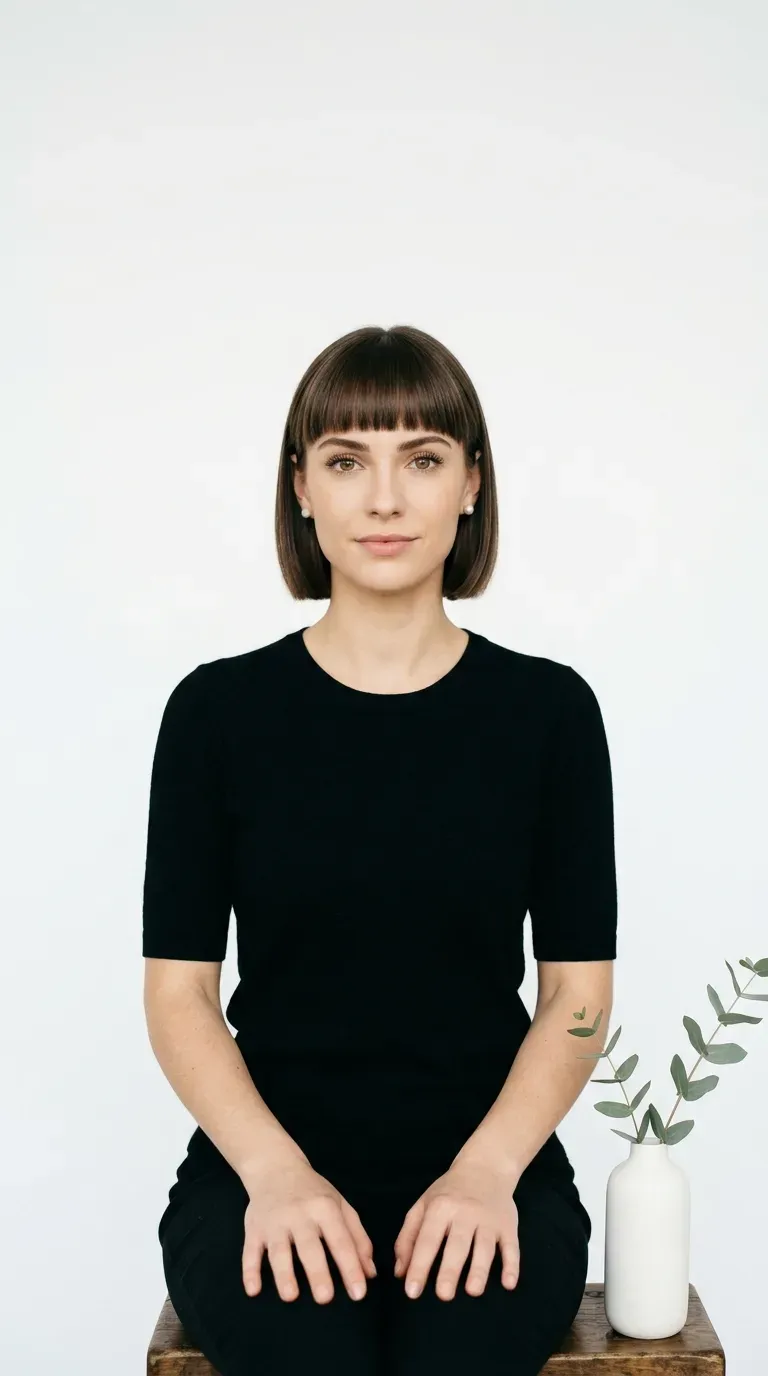Woman with thin fine hair wearing a blunt bob paired with blunt bangs cut straight across