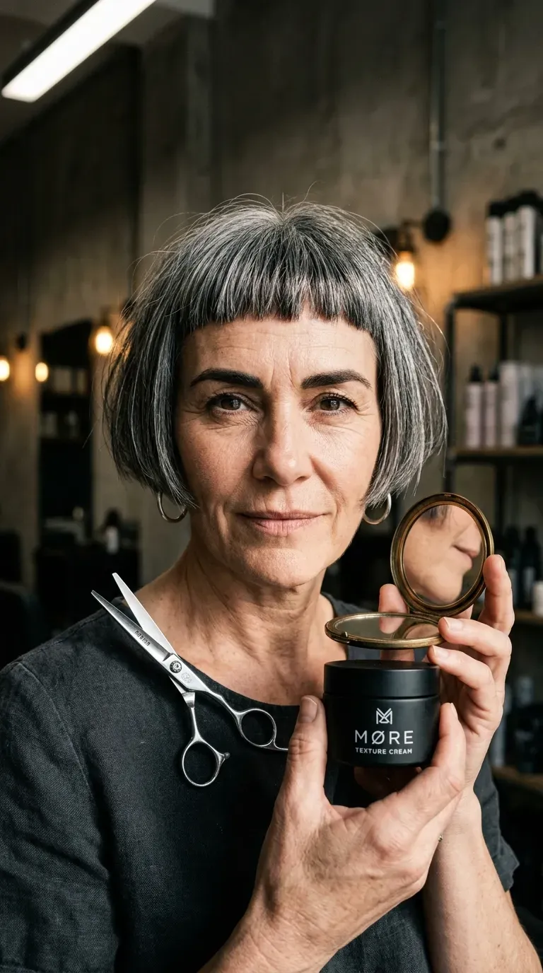 Woman over 50 with a blunt bob paired with a short, bold micro fringe