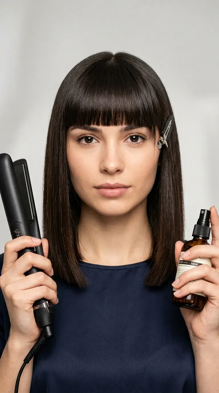 Close-up of blunt, straight-across bangs cut just above the eyebrows