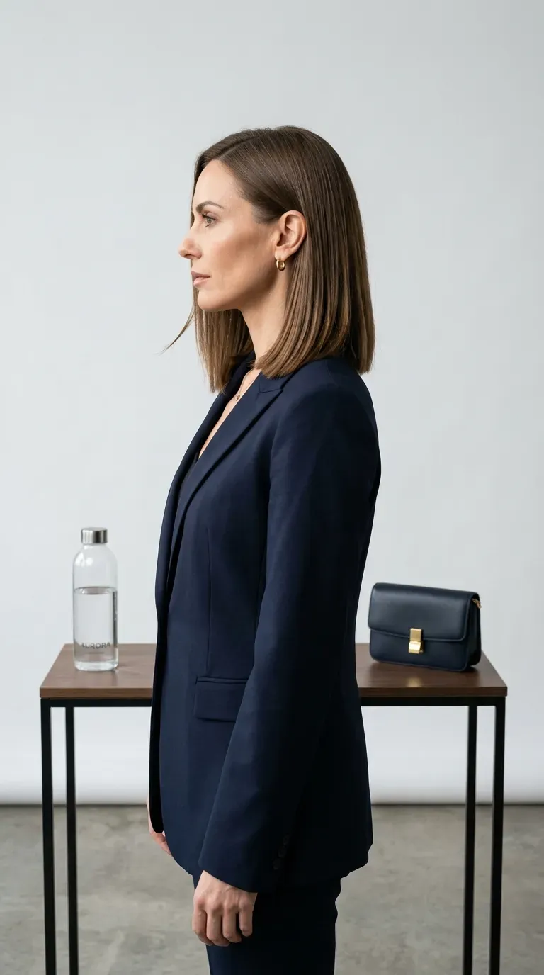 Woman over 40 with blunt shoulder-length lob and subtle internal layering