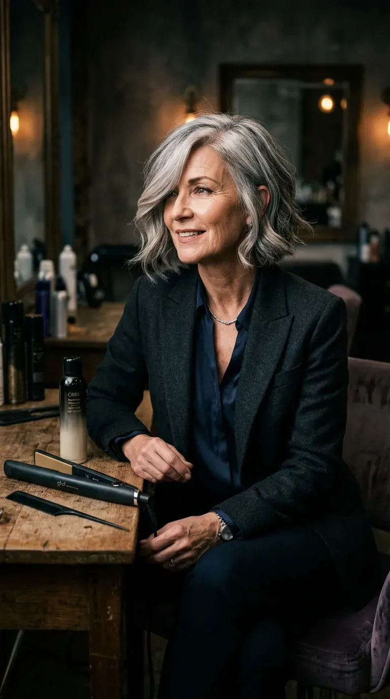 Woman over 60 with a bob styled with a deep side part and swept bangs