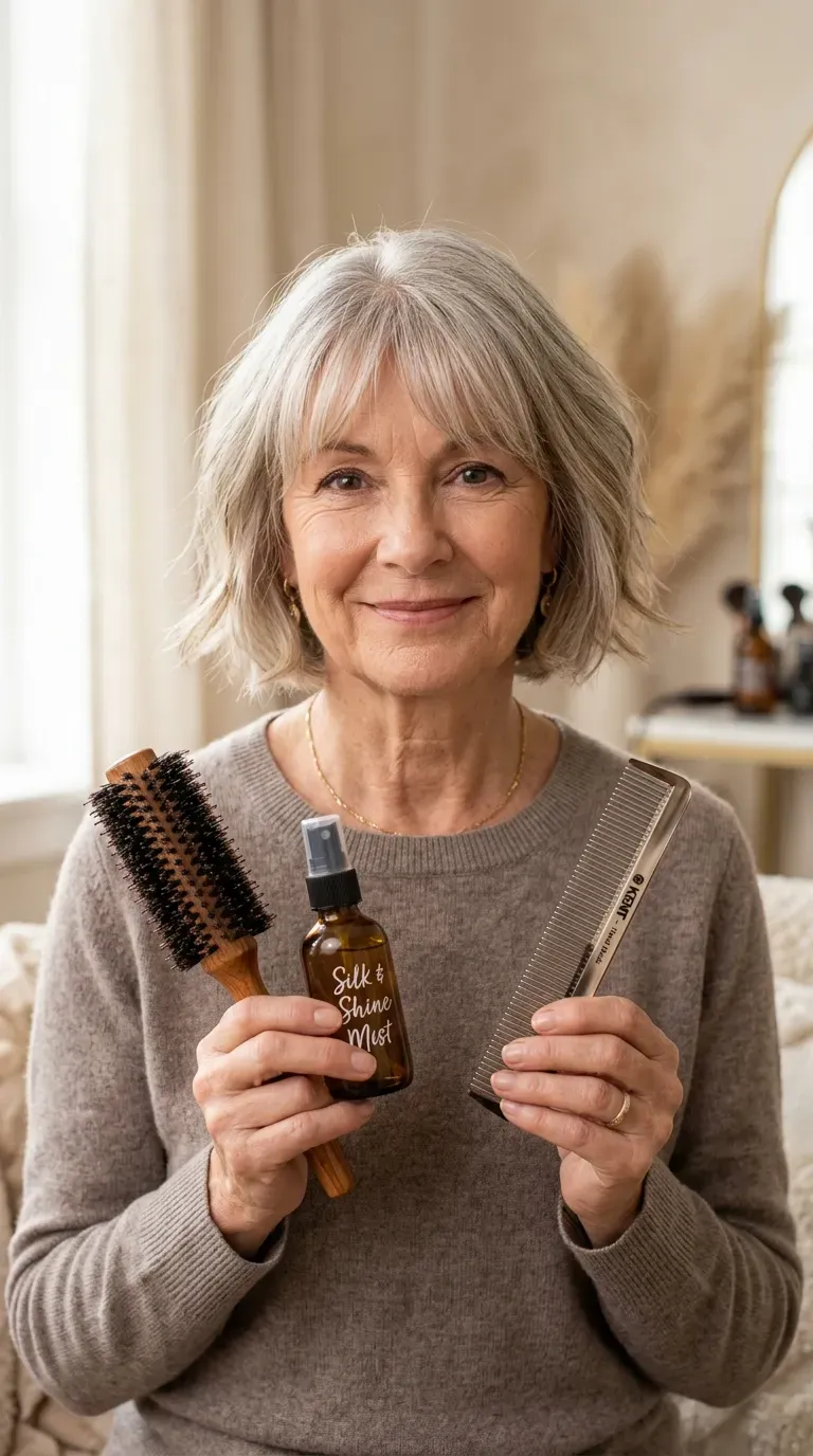 Woman over 60 with a bob featuring soft, face-framing bangs