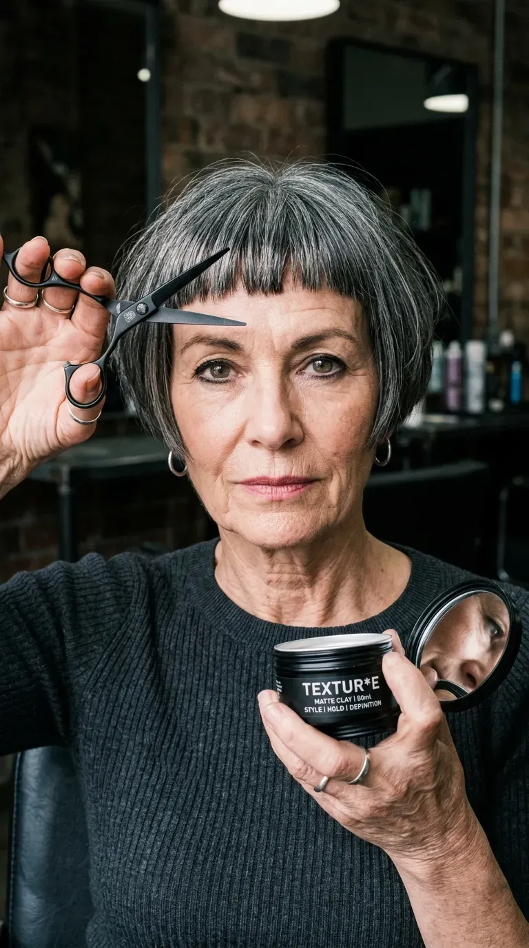 Woman over 60 with a bob paired with a short, bold micro fringe