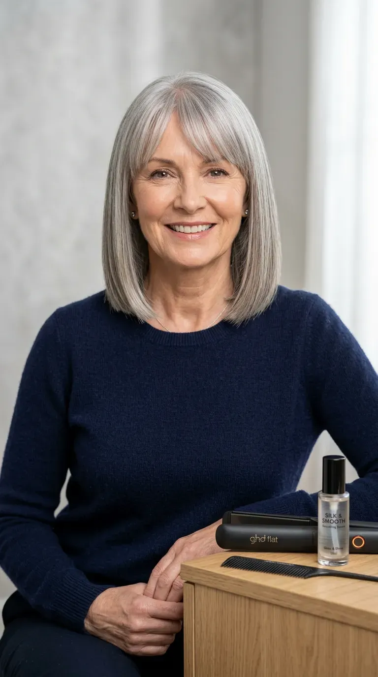 Woman over 60 with a bob styled sleek and smooth with soft bangs