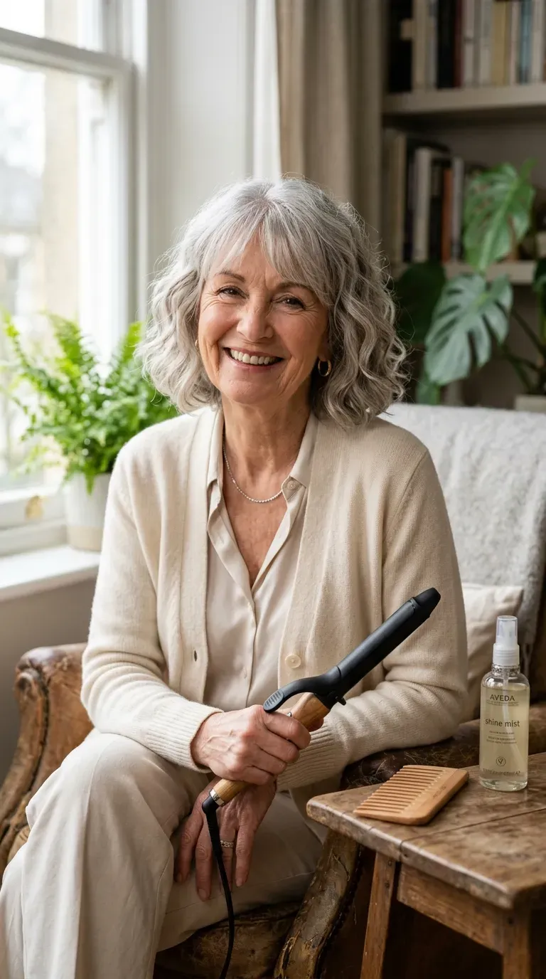 Woman over 60 with a bob styled with soft waves and blended bangs