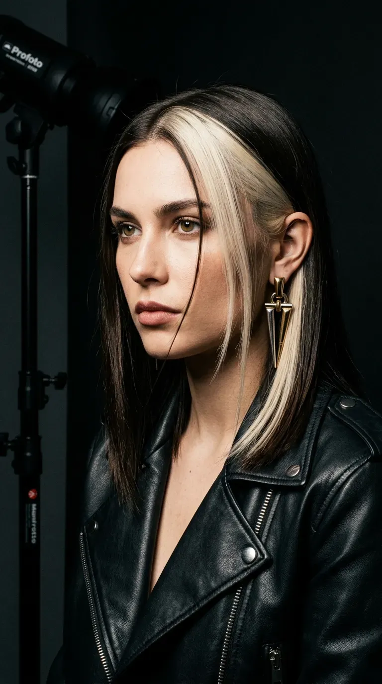 Editorial photo of woman with dark brunette hair and bold asymmetrical blonde money piece chunk