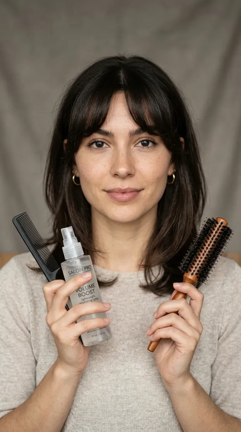 Woman with bottleneck-style bangs that are fuller at the center and thinner at the edges
