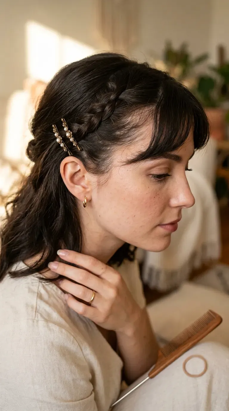 Woman with bangs braided and pinned neatly to one side of the face