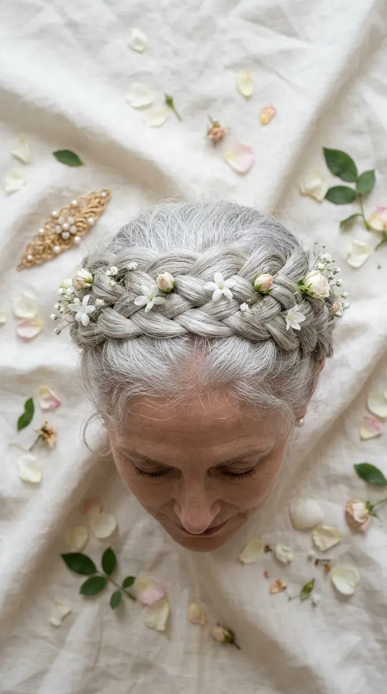 Top-down view of woman over 60 with braided crown hairstyle woven with small flowers