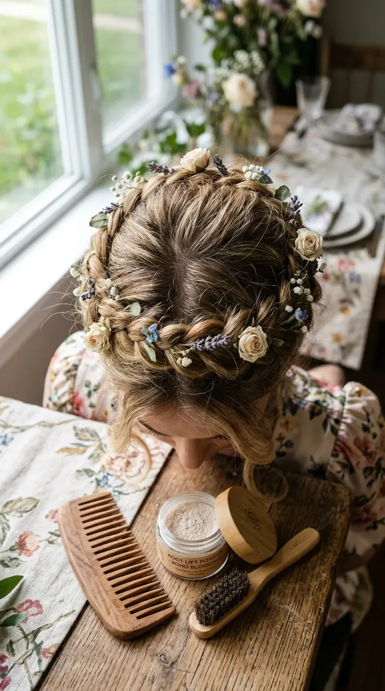 Woman with fine hair wearing a braided crown hairstyle with lifted roots for a party