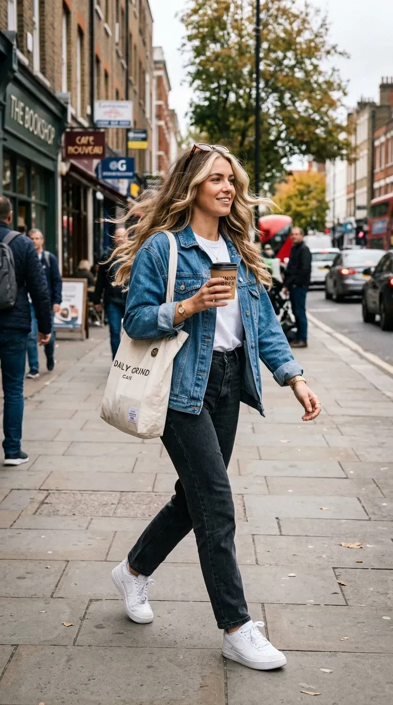 Woman with wavy bronde balayage hair and bright money piece walking outdoors in daylight