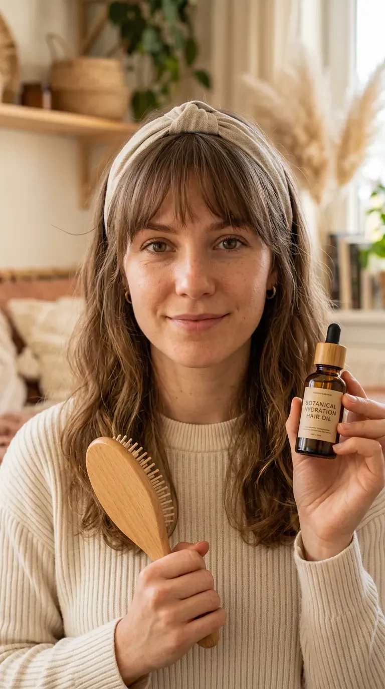 Woman with soft, brow-skimming bangs with rounded, feathered edges