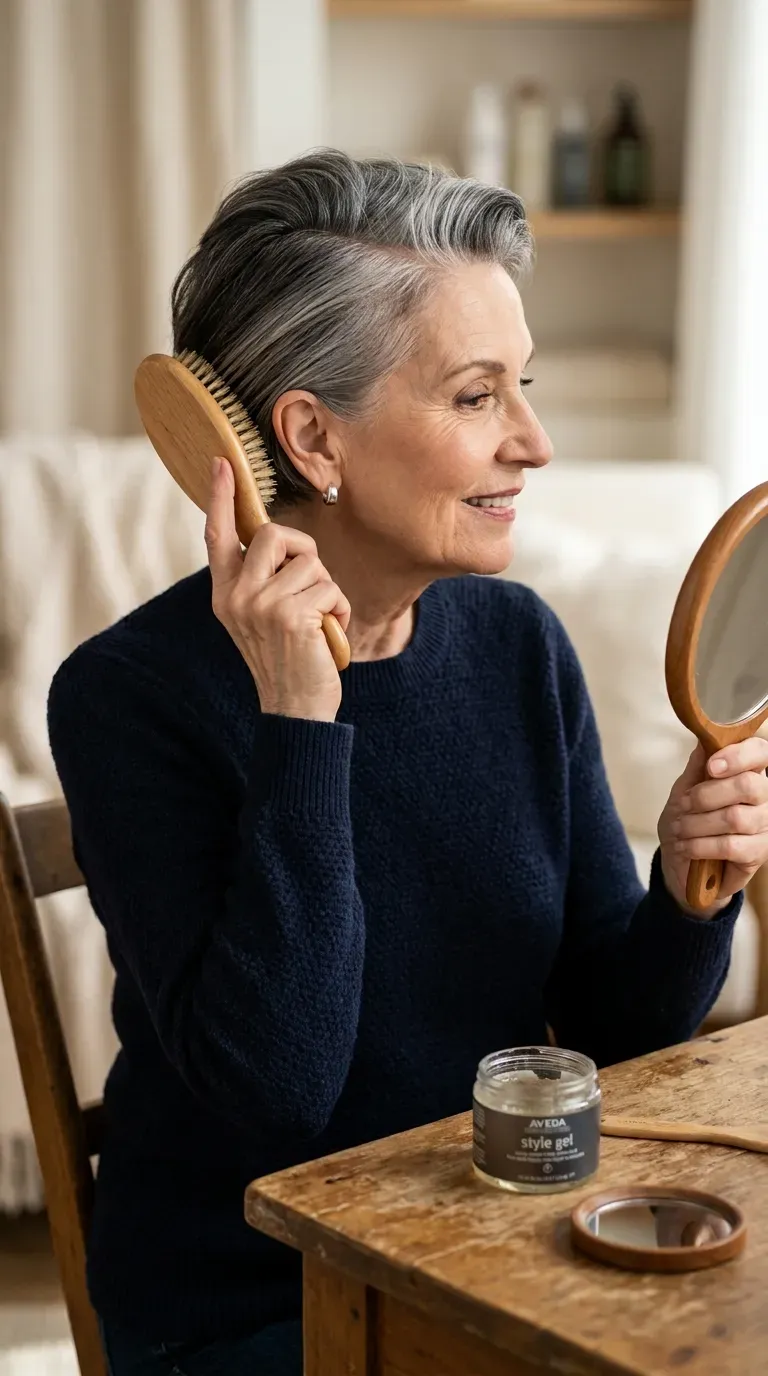 Elderly woman with a pixie cut brushed back away from the face