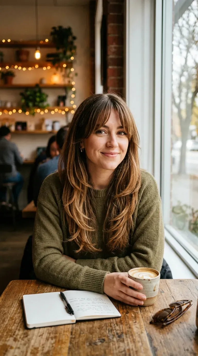 Woman with long layered brunette hair and curtain bangs showing caramel balayage framing her face