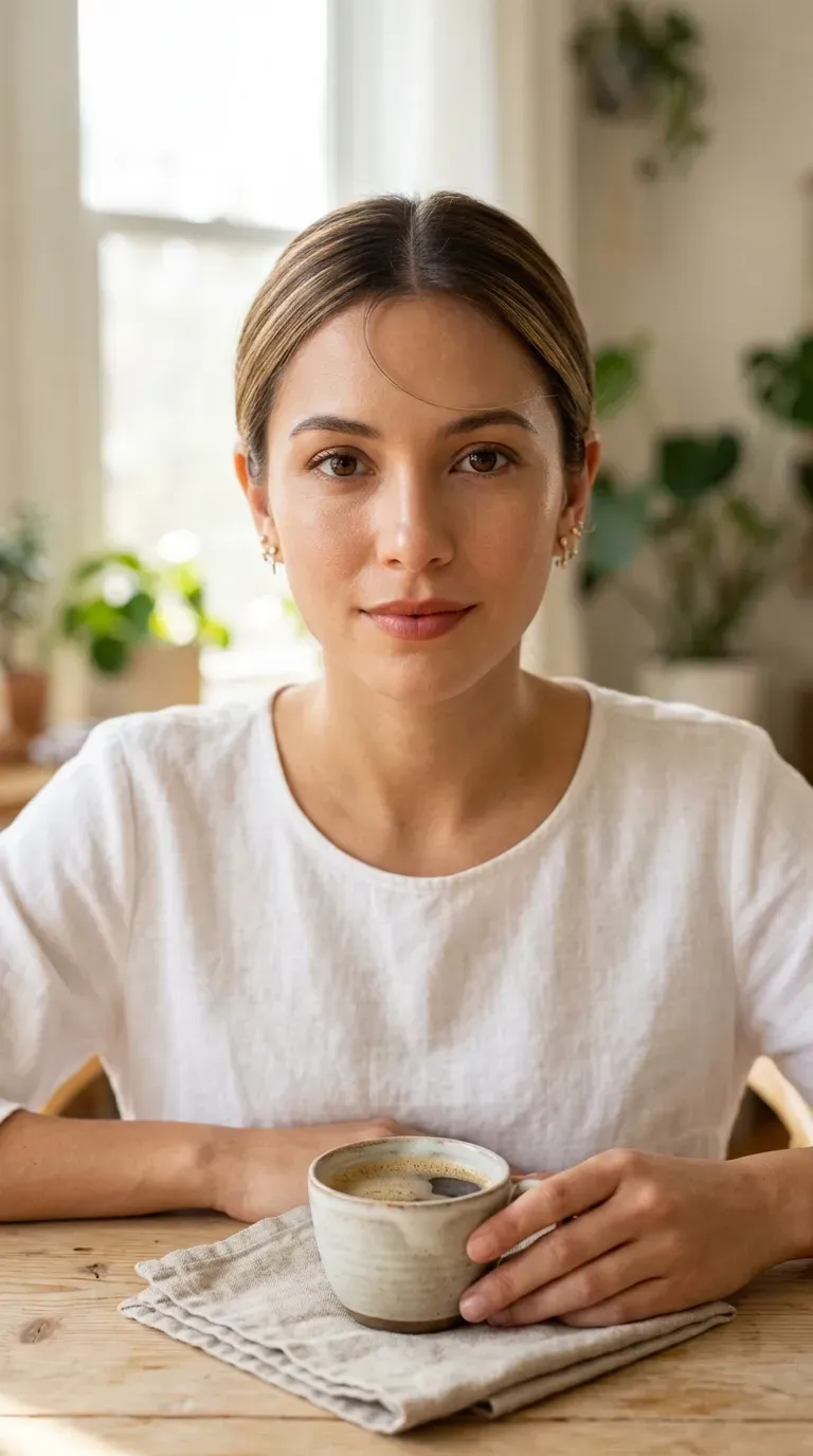 Woman with an oval face shape wearing caramel balayage highlights placed evenly along the cheeks