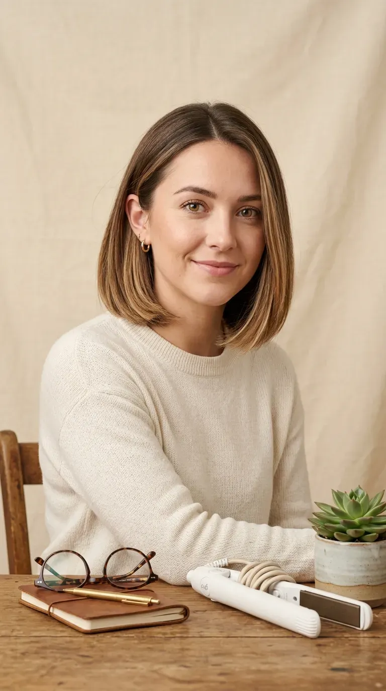 Woman with a chin-length bob featuring soft caramel balayage highlights and face-framing pieces