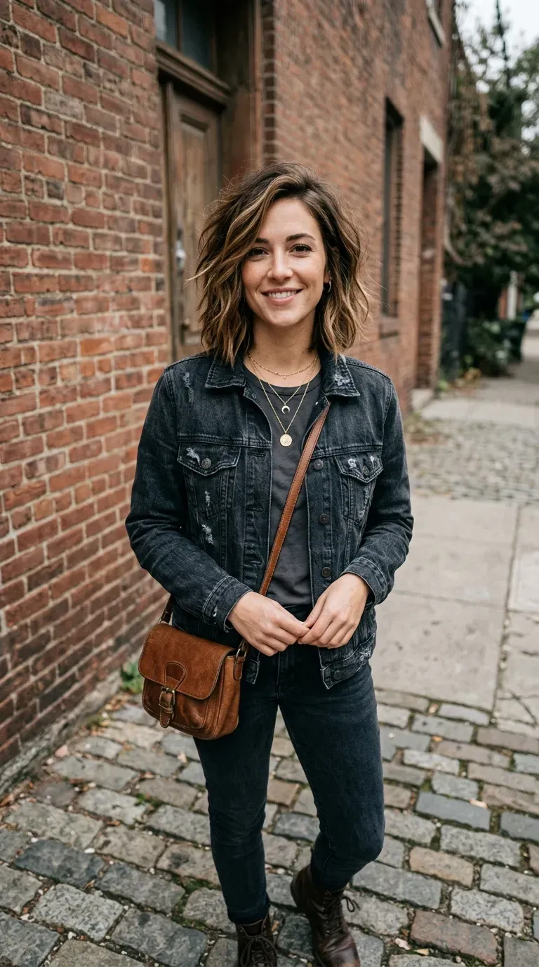 Woman with a shoulder-length textured lob featuring caramel balayage woven through choppy layers