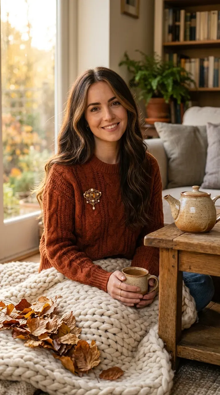 Woman with dark brown hair and warm caramel balayage money piece near her face