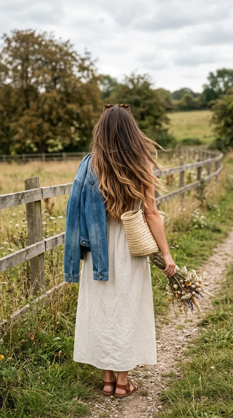 Woman with long layered hair showing a soft gradual caramel ombre from roots to ends