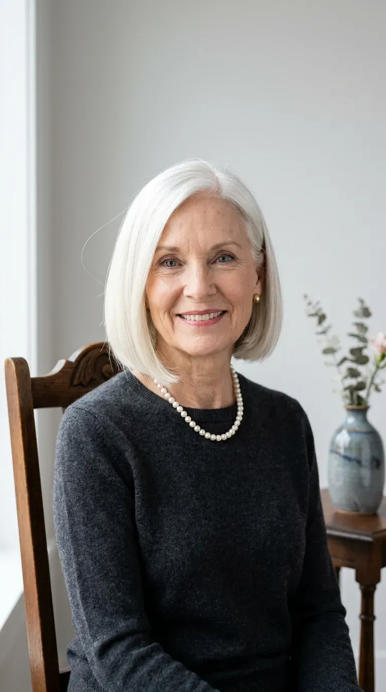 Woman over 60 with white chin-length bob and deep side part styled straight and sleek