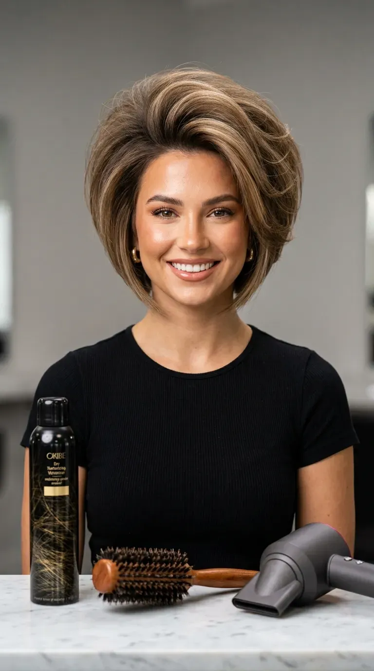Woman with a precise chin-length stacked bob and rounded back graduation