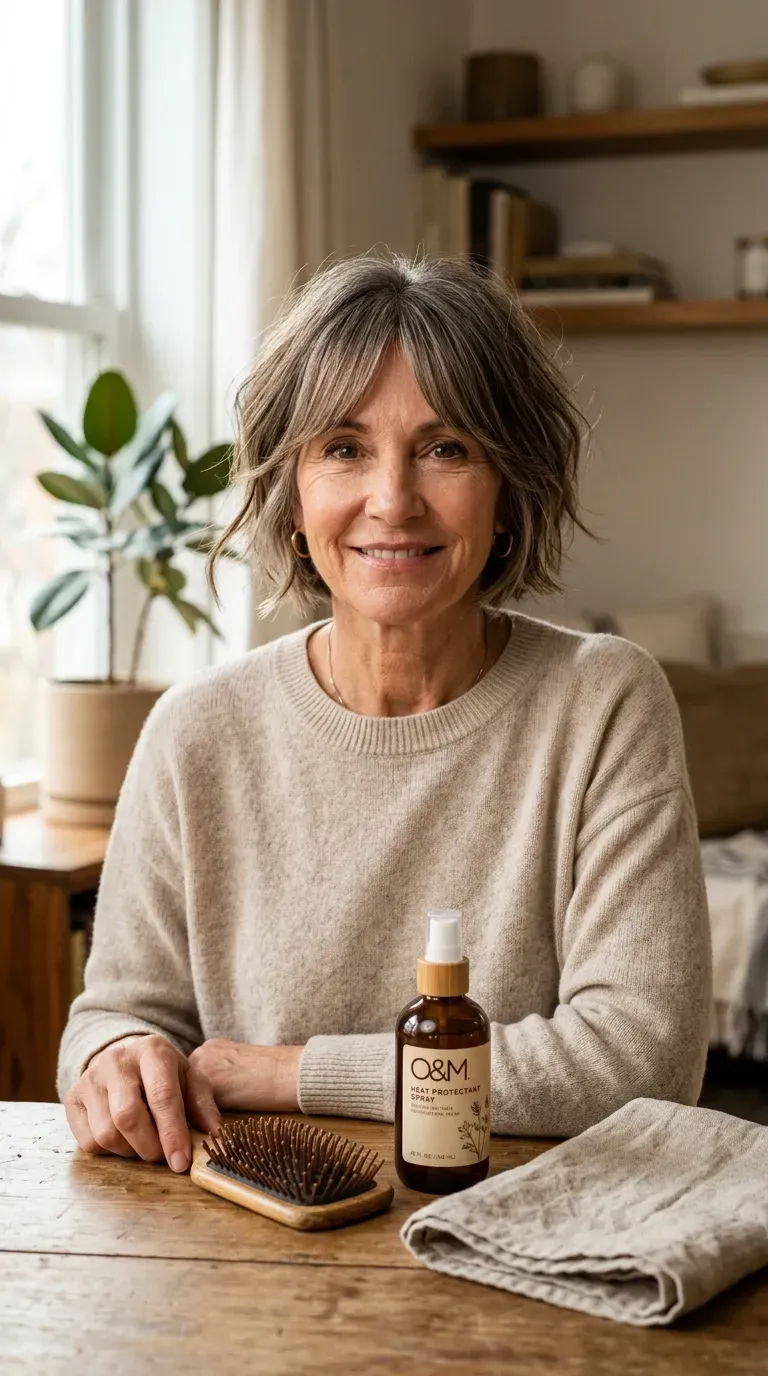 Woman over 60 with a choppy bob paired with soft curtain bangs