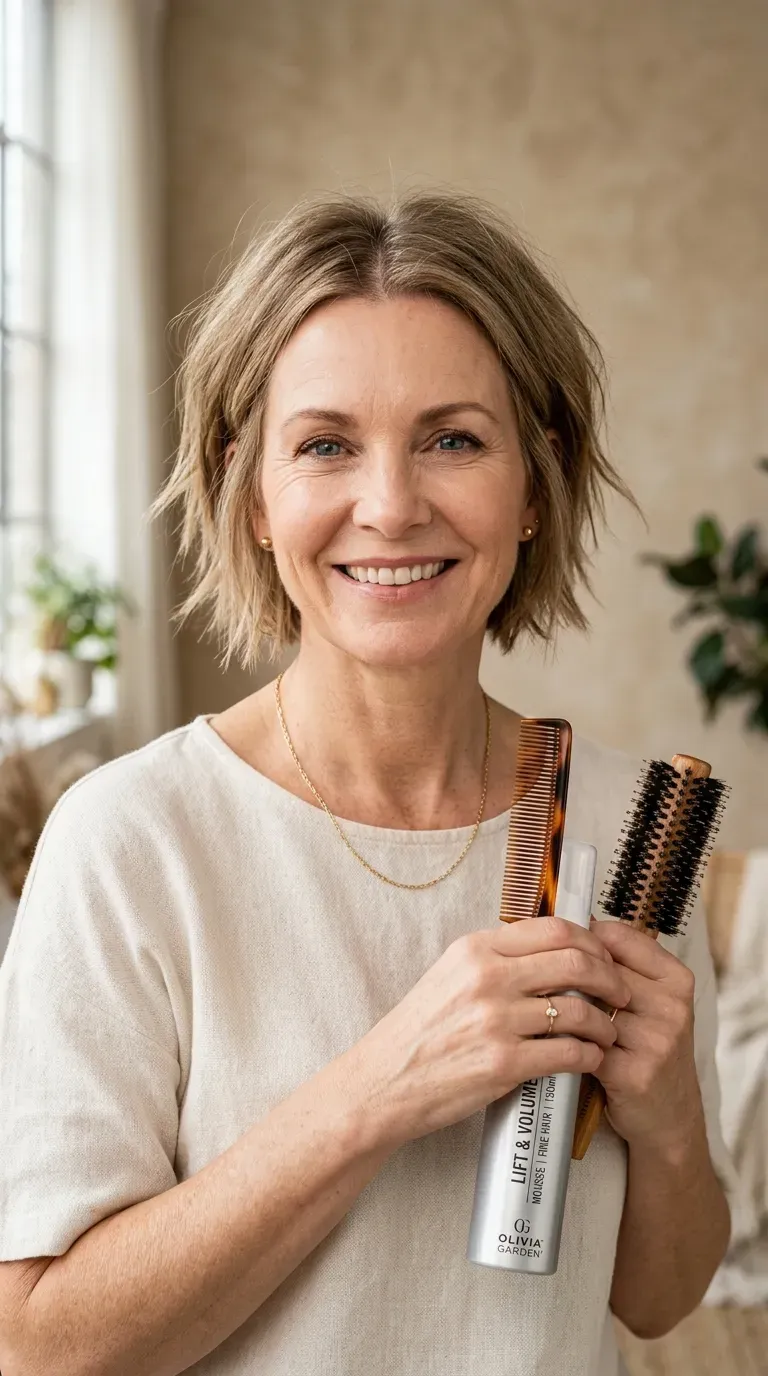 Woman over 60 with a choppy bob styled to add fullness to fine, thinning hair
