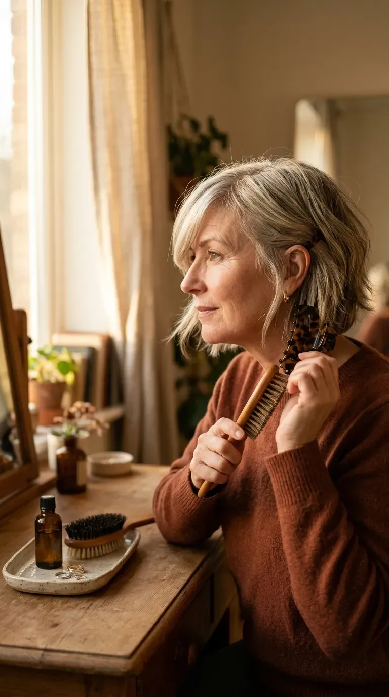 Woman over 60 with a choppy bob and long side-swept fringe
