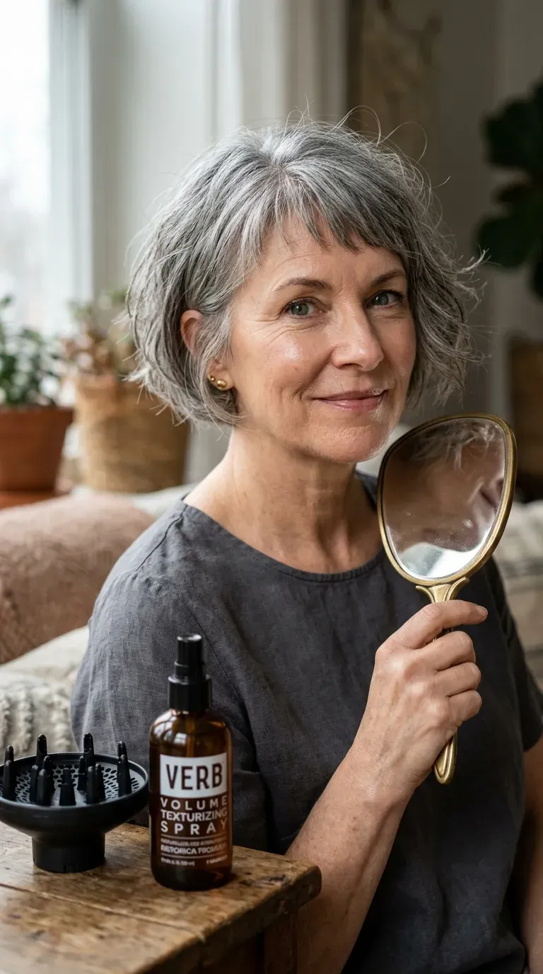 Woman over 60 with a choppy bob and short, textured wispy fringe