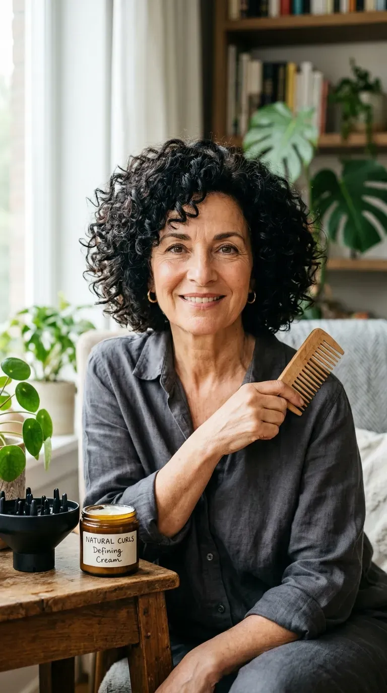 Woman over 60 with a choppy bob styled to define thick, naturally curly hair