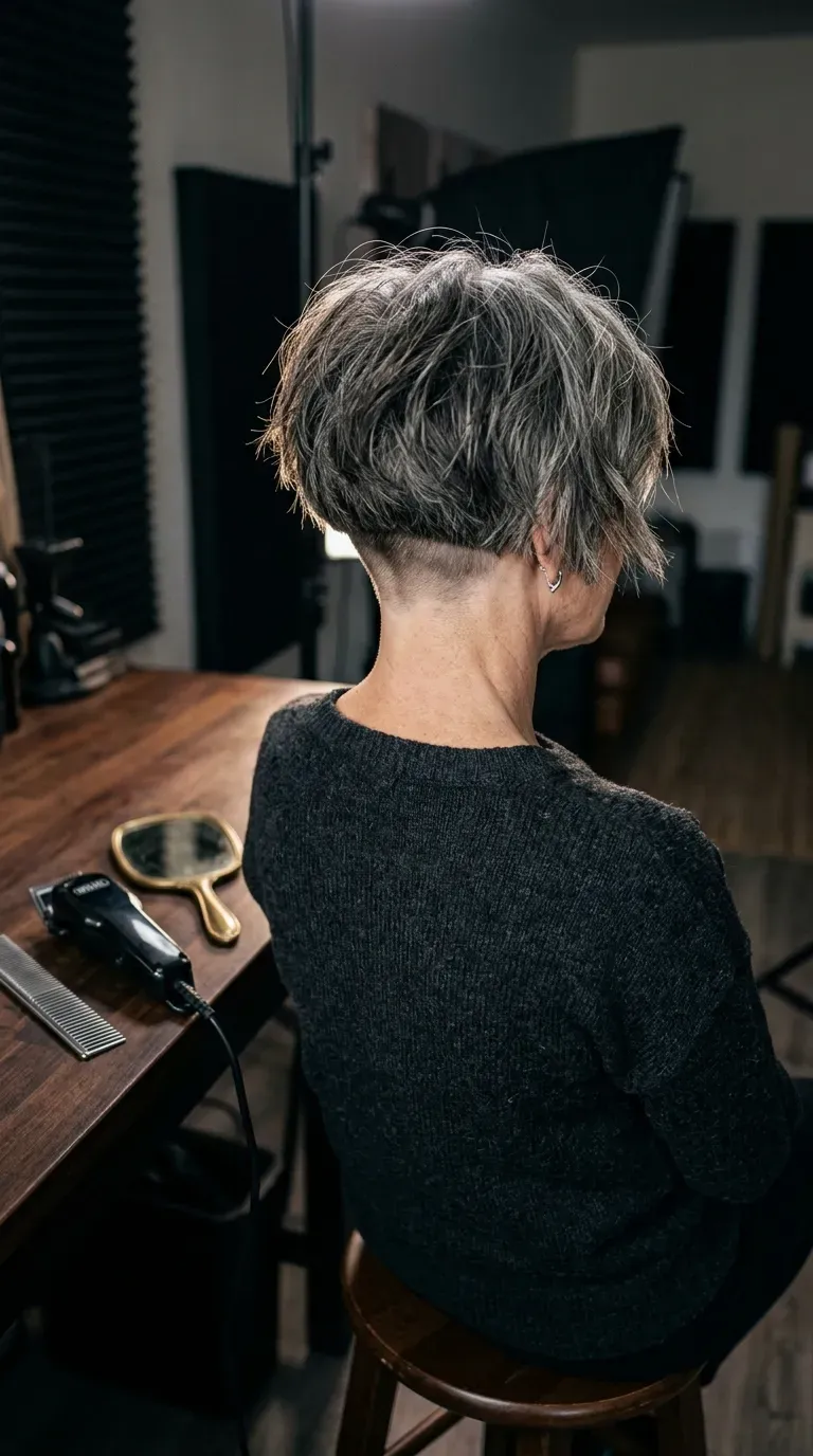 Woman over 60 with a choppy bob featuring a subtly shaved undercut at the nape