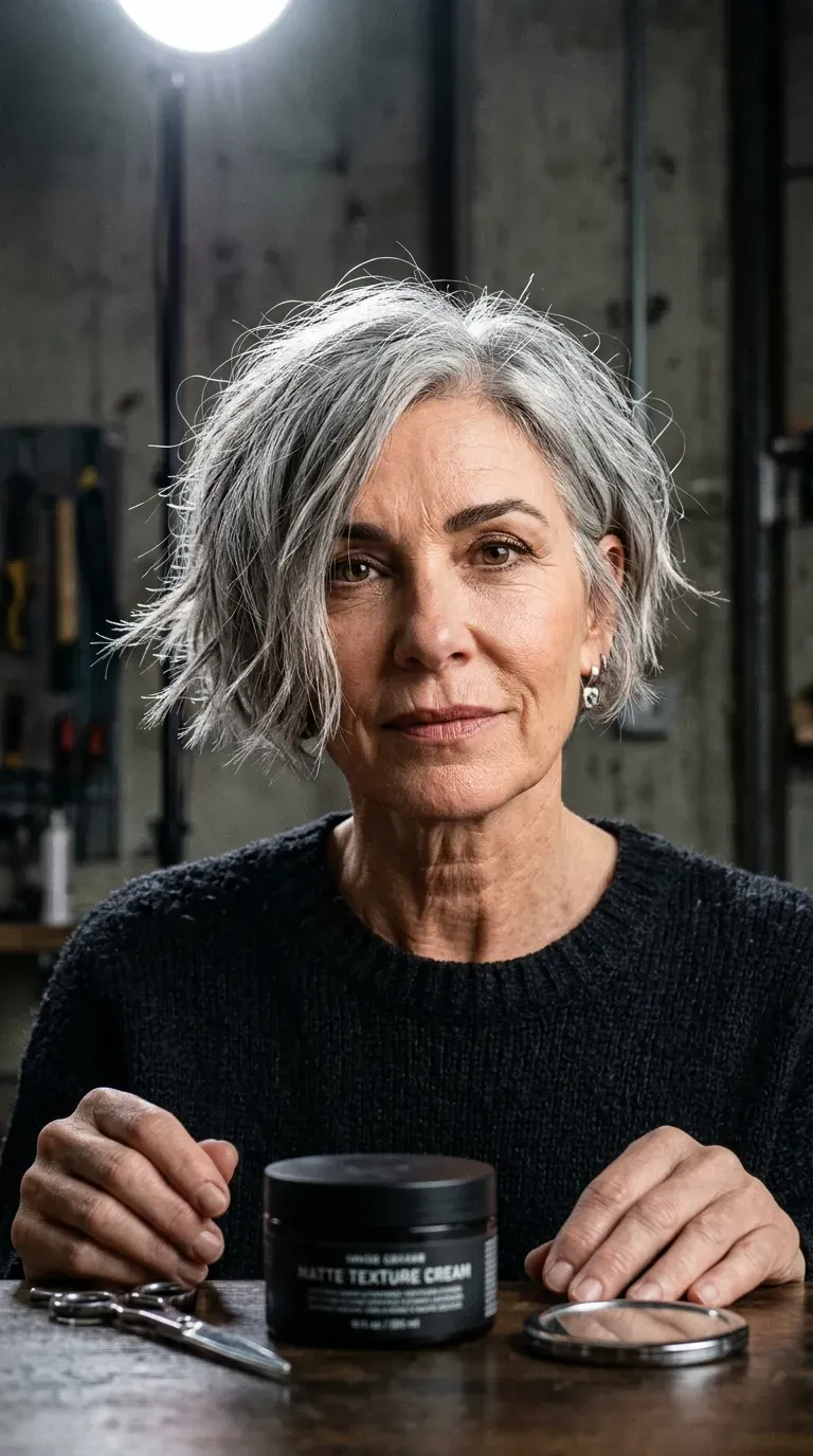 Woman over 60 with a short, choppy cropped bob above the shoulders