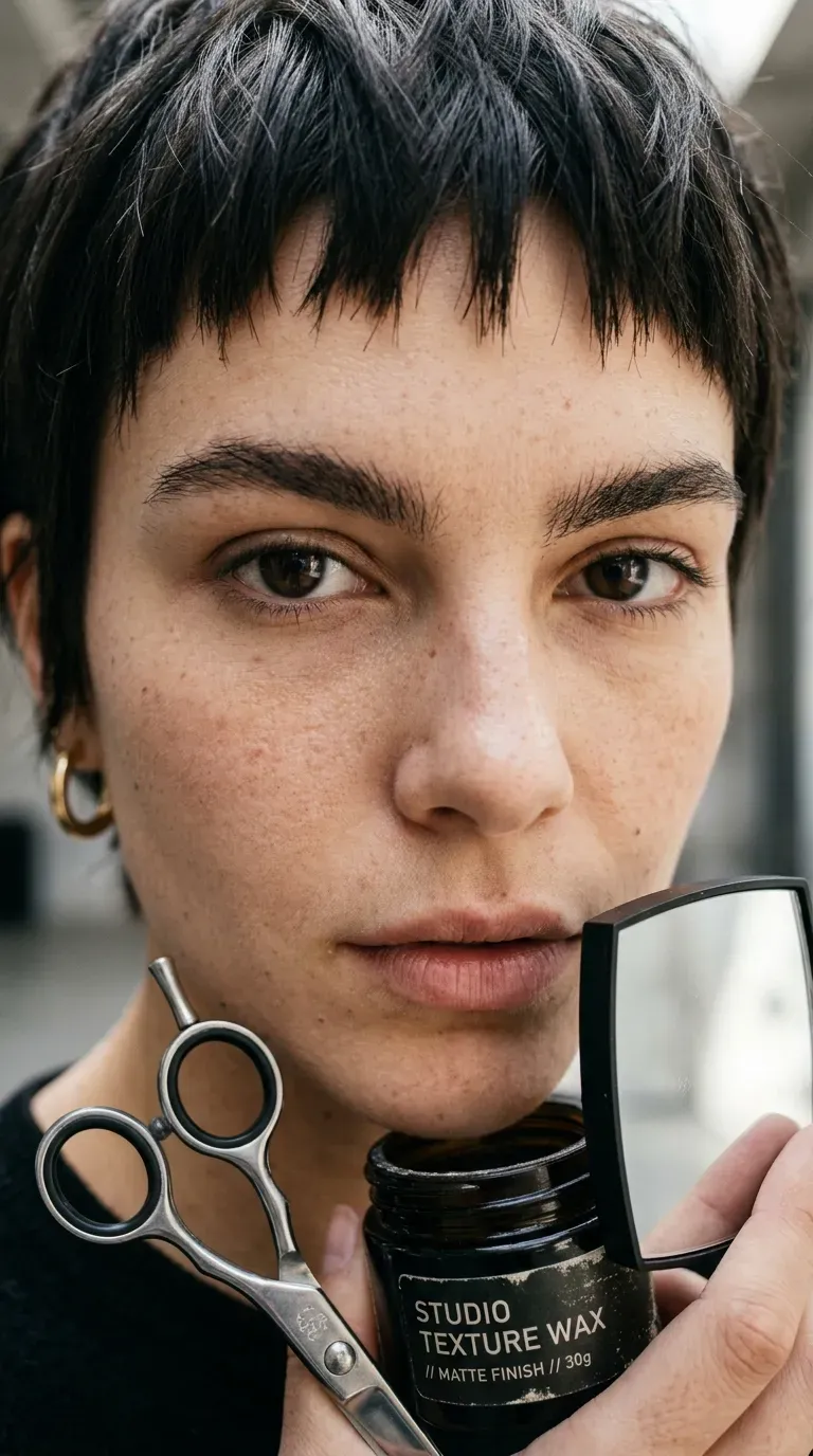 Close-up of short choppy micro bangs sitting high above the eyebrows
