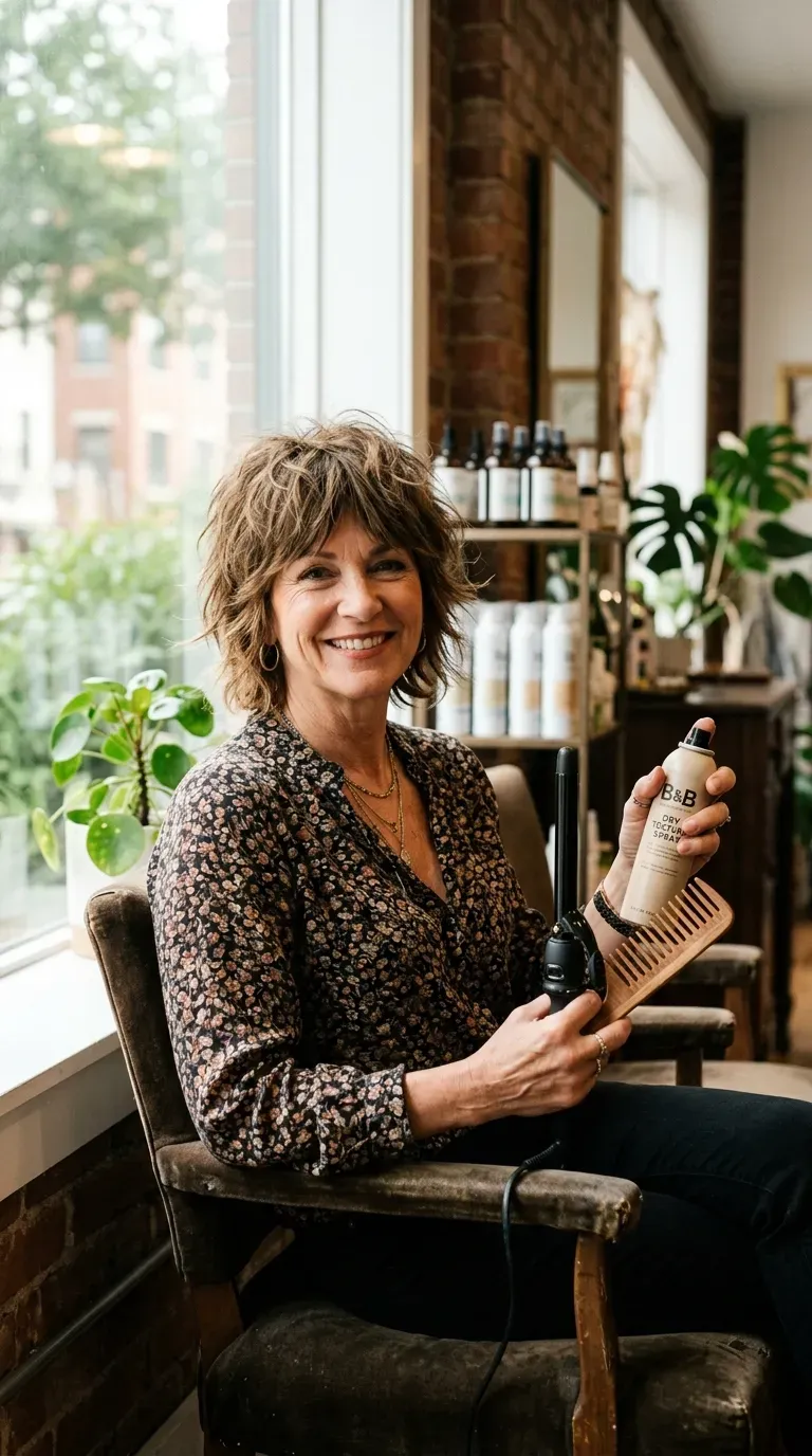 Woman over 60 with a shaggy, heavily layered choppy bob