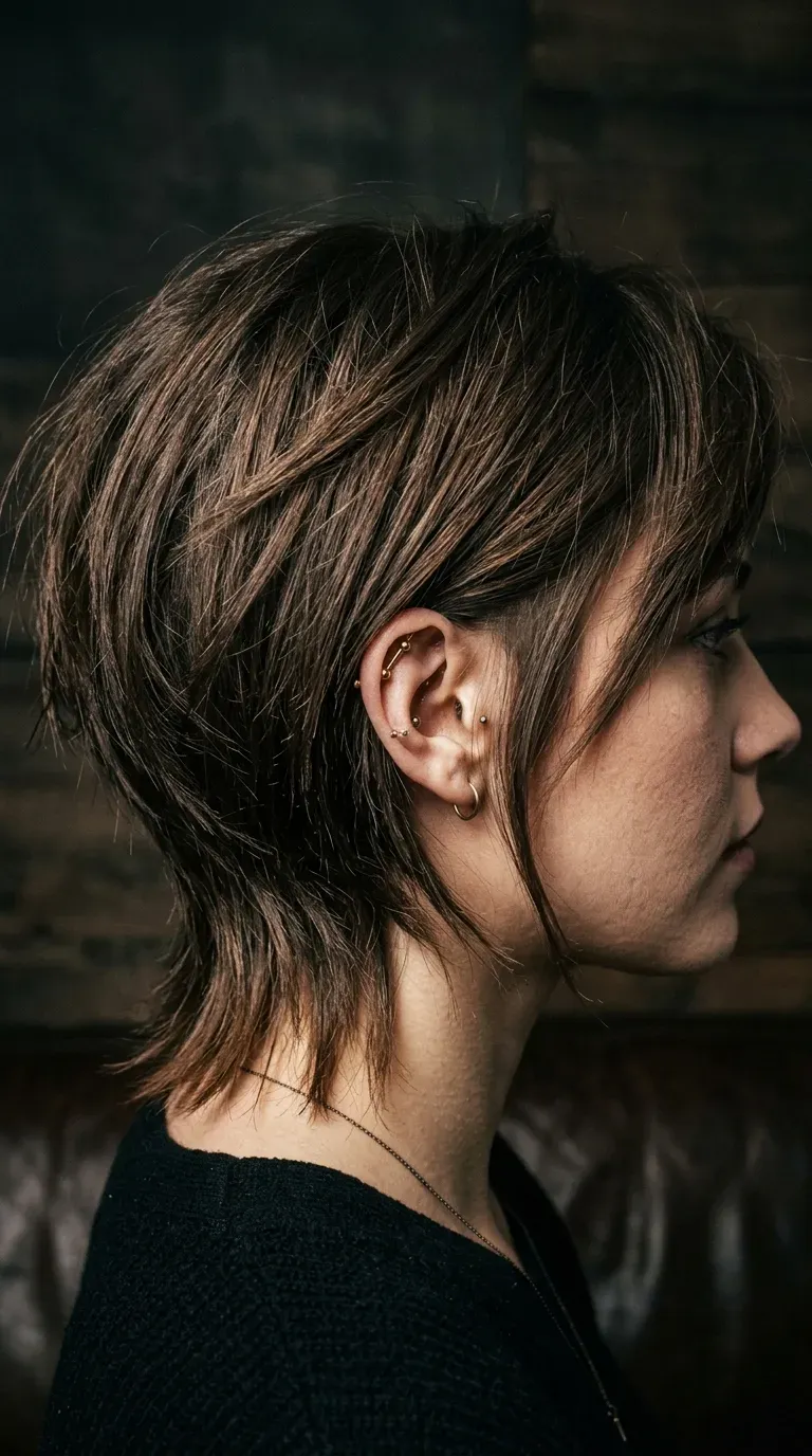 Woman with a choppy stacked bob featuring piecey, textured ends throughout