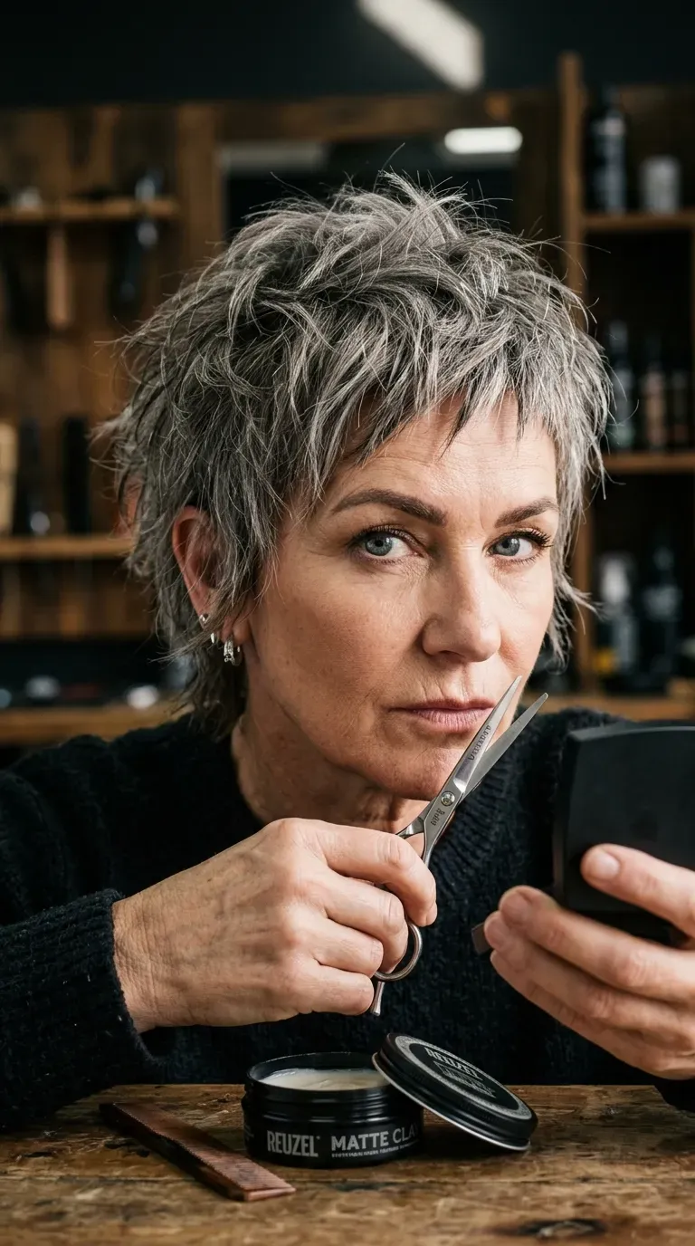 Woman over 50 with a choppy, heavily textured short crop