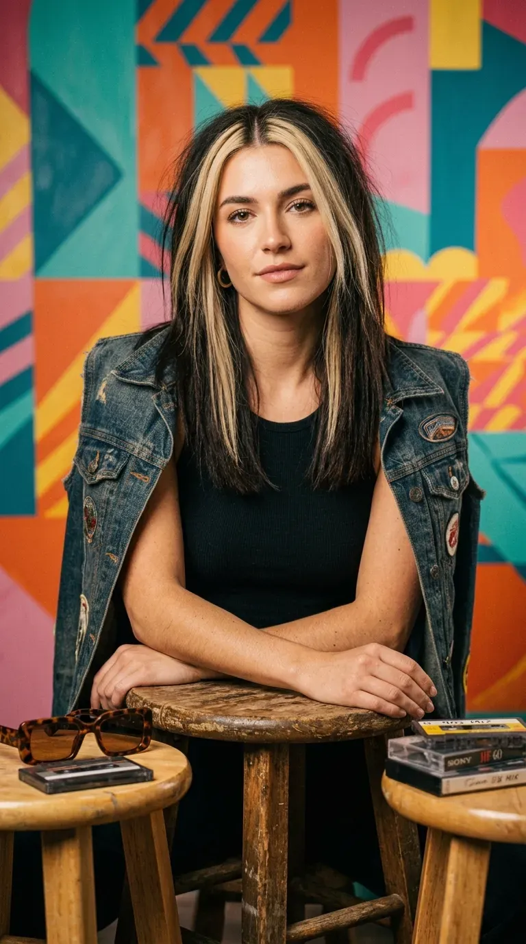 Woman with straight dark brunette hair and thick chunky blonde 90s-style money piece streaks