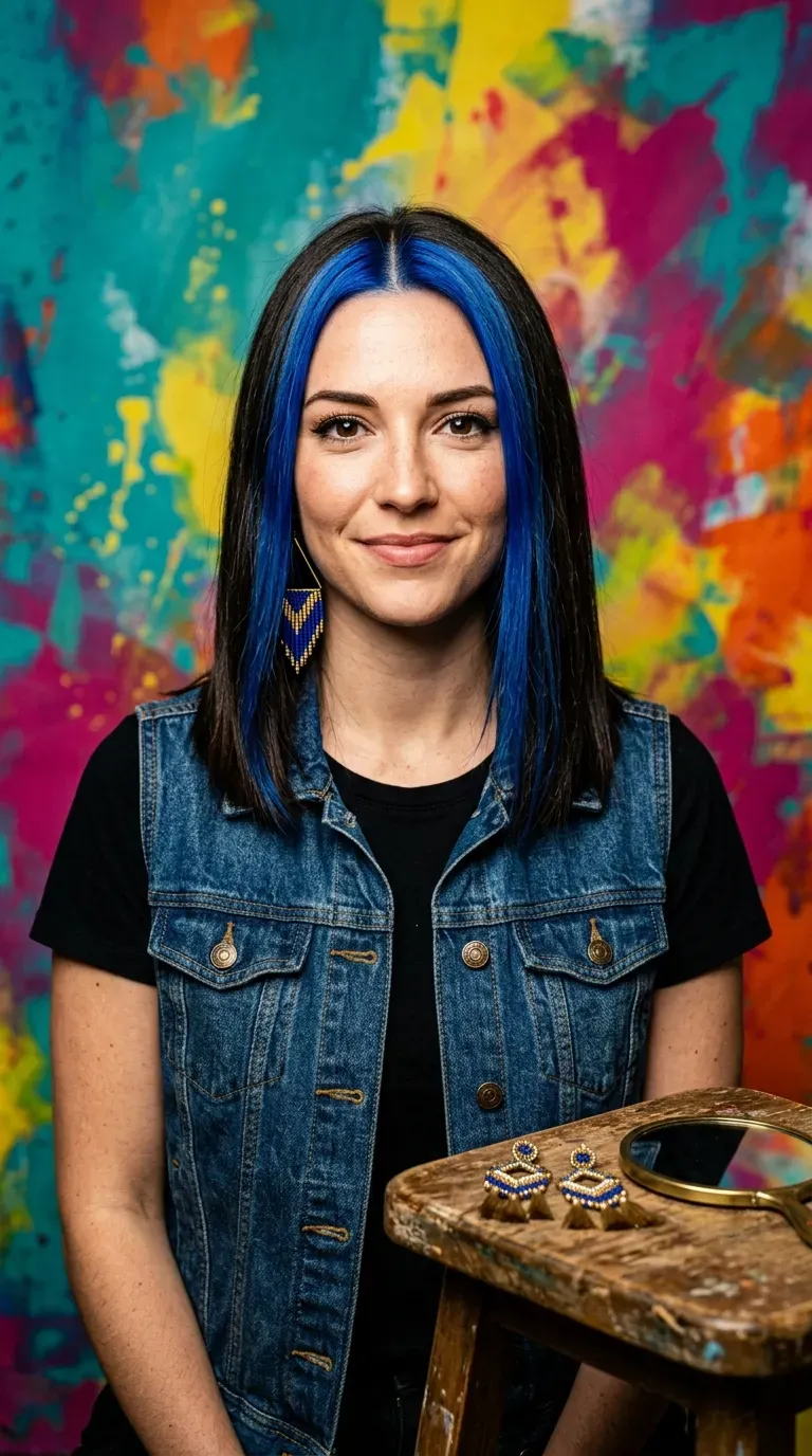 Woman with straight dark brunette hair and thick chunky blue streaks framing the part