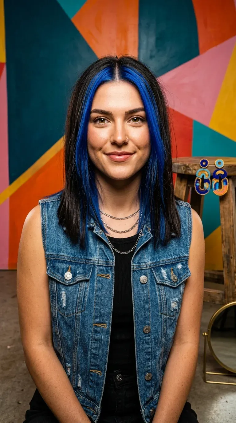 Woman with straight dark brunette hair and thick chunky blue streaks framing the part