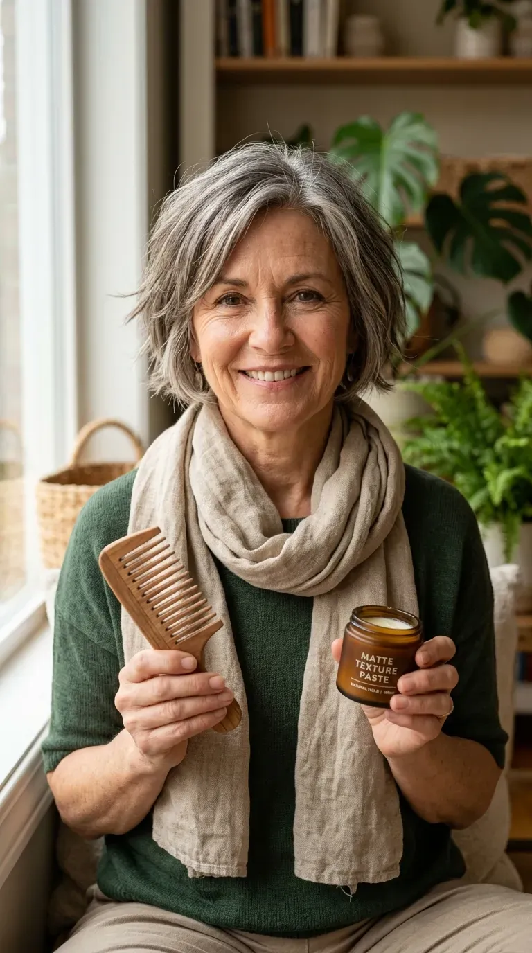 Woman over 60 with a classic chin-length choppy bob with textured ends