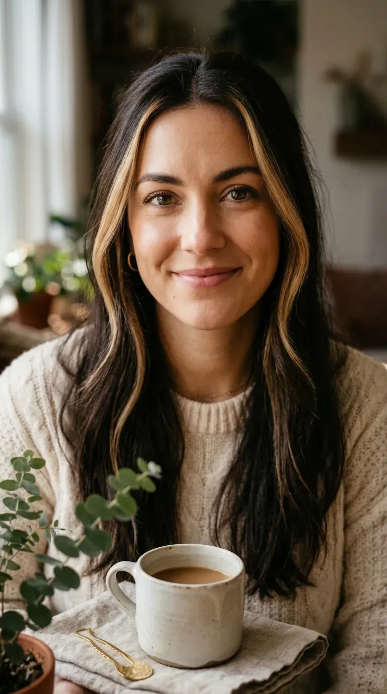 Close-up of dark brunette hair with classic blonde face-framing balayage money piece highlights