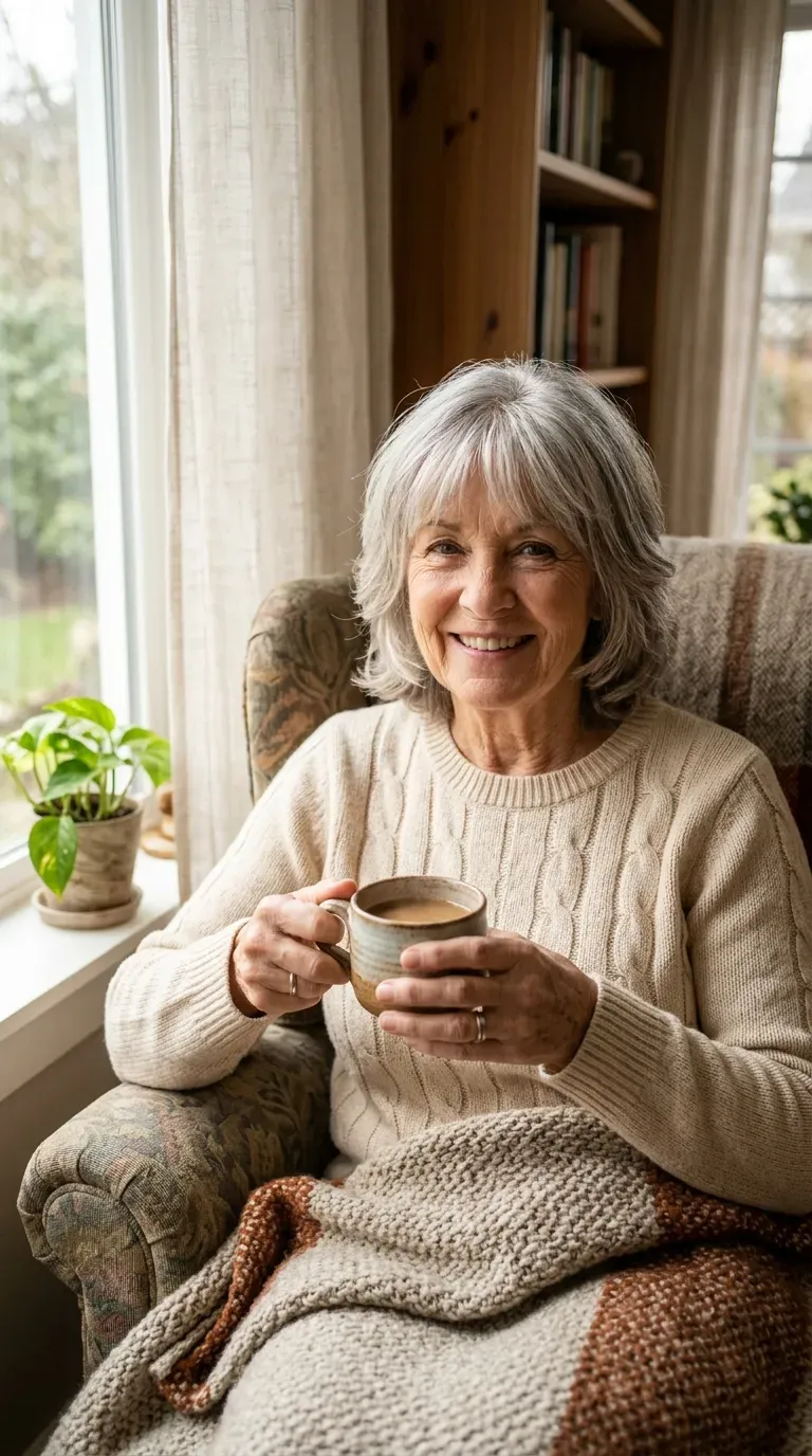 Woman over 60 with classic layered haircut and soft blended fringe in a cozy home setting