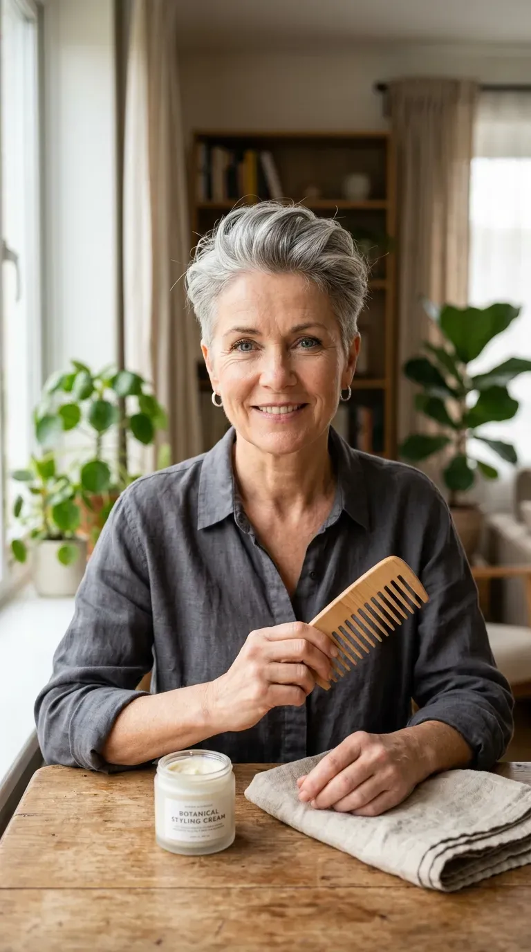 Woman over 50 with a classic short pixie cut styled with soft texture